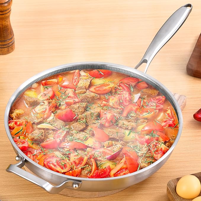 Inqibee 12 Inch Hybrid Nonstick Chef's Pan with Lid | Tri-Ply Stainless Steel Skillet for Meals, Honeycomb Scratch Resistant Surface, Induction Cooking Pan, Dishwasher & Oven Safe