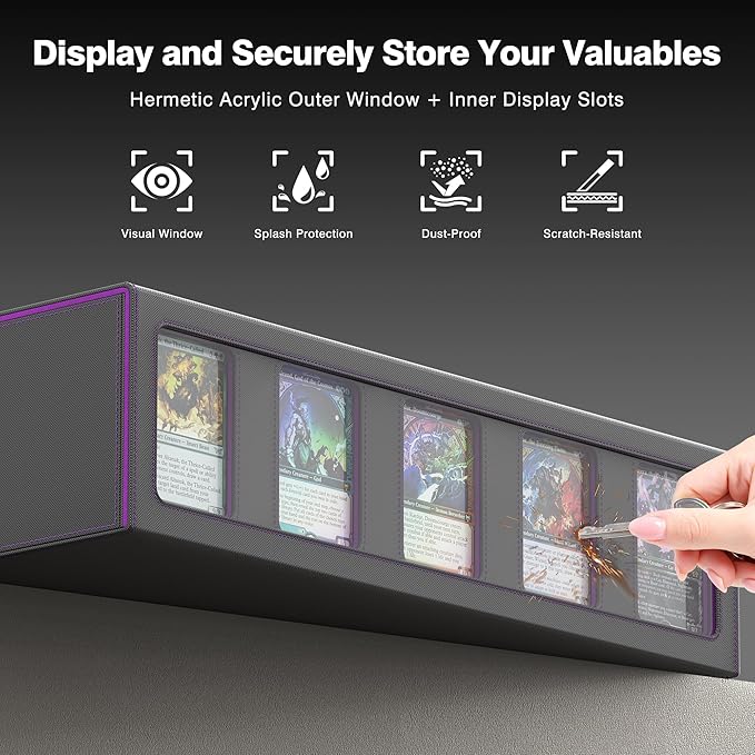 Kabinka Trading Card Storage Box with Handle & Mechanical Latch,5-Row 3900+ Commander MTG Card Case with Sealed Window,Top Loaders Organizer Deck Box for MTG/TCG/PTCG/Sports Cards (Black Purple)
