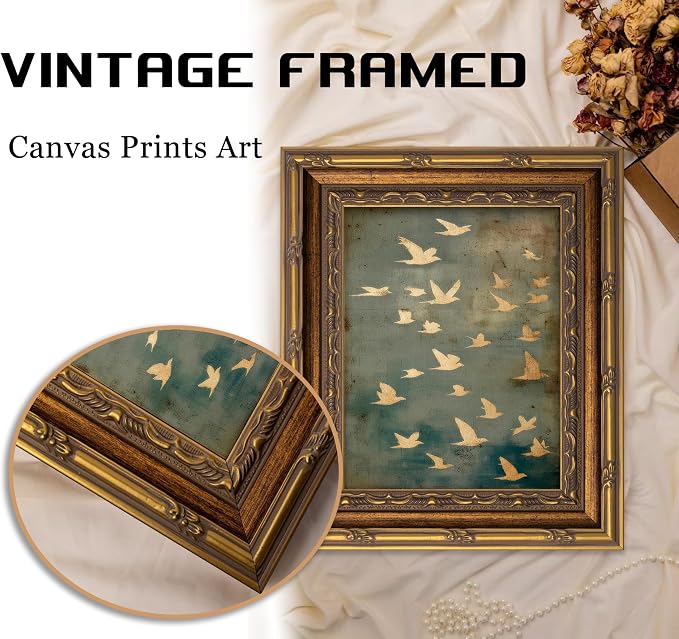 Vintage Gold Framed Wall Art, Golded Inspired Abstract Birds Canvas Prints, Flock of Flying Birds Picture Wall Decor, Rustic Farmhouse Minimalist Animals Poster Artwork for Living Room Bedroom