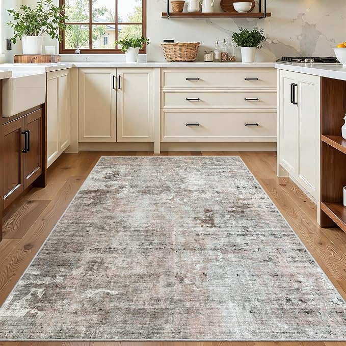 Soalmost Abstract 4x6 Area Rug Washable Rugs for Living Room, Pink/Grey | Vintage Non-Slip Carpet for Dining Bedroom, Thin Low Pile Stain Resistant Floor Mat Nursery Under Table Home Office Decor