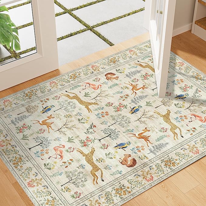 DUKINO 2x3 Entryway Rug, Washable Door Mat Animal Rug for Kitchen, Beige | Non Slip, Low Pile, Soft Indoor Small Rug for Entrance, Bedroom, Bathroom, Laundry, Pet Friendly, Lightweight, Non-Shedding