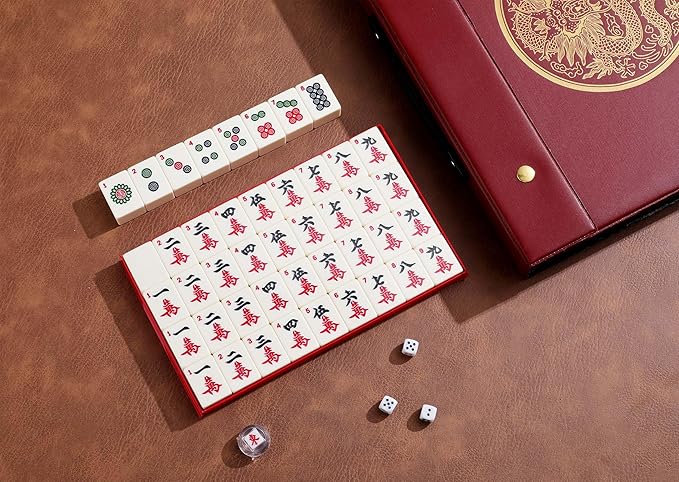 Mose Cafolo Chinese Mahjong Game Set 1.5" X-Large 144 Numbered White Ivory Color Melamine Tiles with Carrying Travel Case,Complete Majiang, Majong, Mah-Jongg Game Set