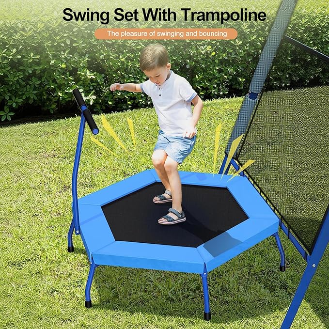 4-in-1 Heavy Duty Metal A-Frame Swing Set for Kids Backyard - 32" Saucer Swing, 55" Trampoline & Adjustable Basketball Hoop, Outdoor Playset Ages 3-12, 440lbs Capacity