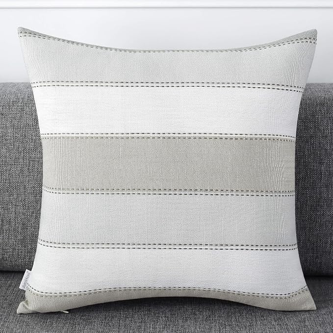 Pack of 2 Farmhouse Stripe Check Throw Pillow Covers Set Case Cotton Linen Decorative Pillowcases Cushion Cover for Couch Bench Sofa 26x26Inch Light Grey Beige