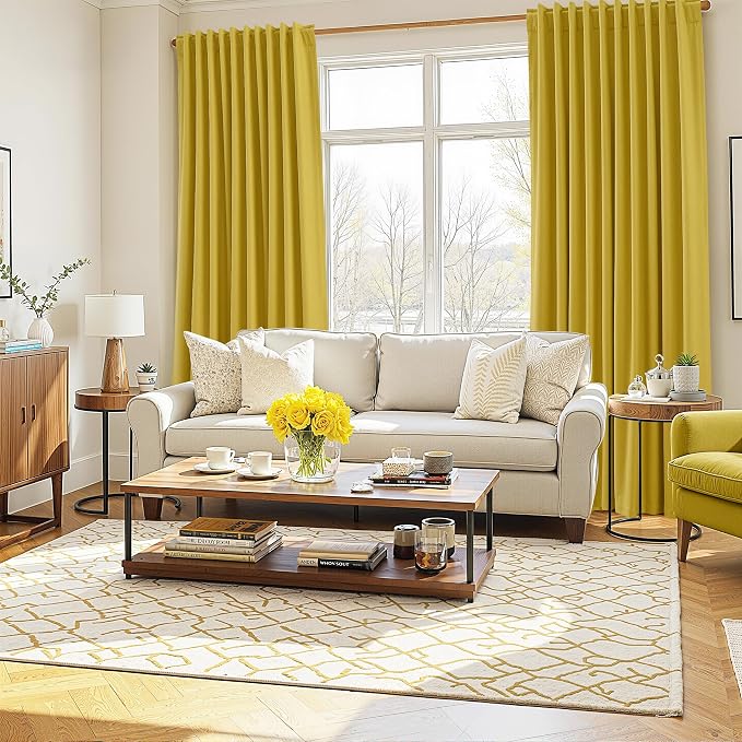 Guken 100% Blackout Curtains 120 Inch Length 2 Panels Set for Living Room Bedroom Back Tab Thermal Insulated Black Out Linen Drapes Room Darkening Celery Yellow,52x120