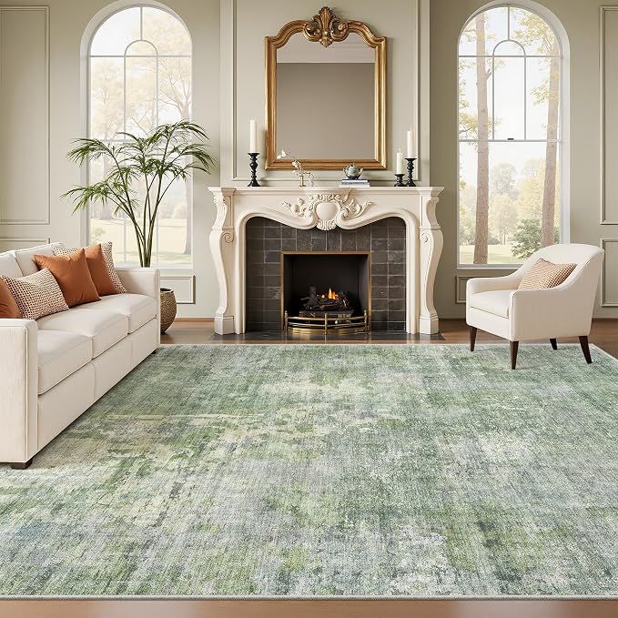 Soalmost Abstract 7x10 Area Rug for Living Room Washable Rugs Green/Ivory | Non-Slip Low-Pile Carpet for Dining Bedroom, Foldable Thin Vintage Stain Resistant Floor Mat Under Table Home Office Nursery