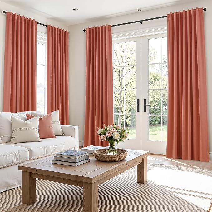 Guken 100% Blackout Curtains 90 Inch Length 2 Panels Set for Living Room Bedroom Back Tab Thermal Insulated Black Out Linen Drapes Room Darkening Coral,52x90