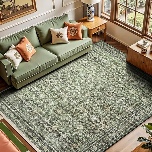6x9 Area Rugs for Living Room Bedroom, Green Washable Non-Slip Carpet | Soft Boho Area Rug for Dining Room Home Office Indoor Nursery, Stain Resistant, Low Pile, Foldable Vintage Distressed Rug