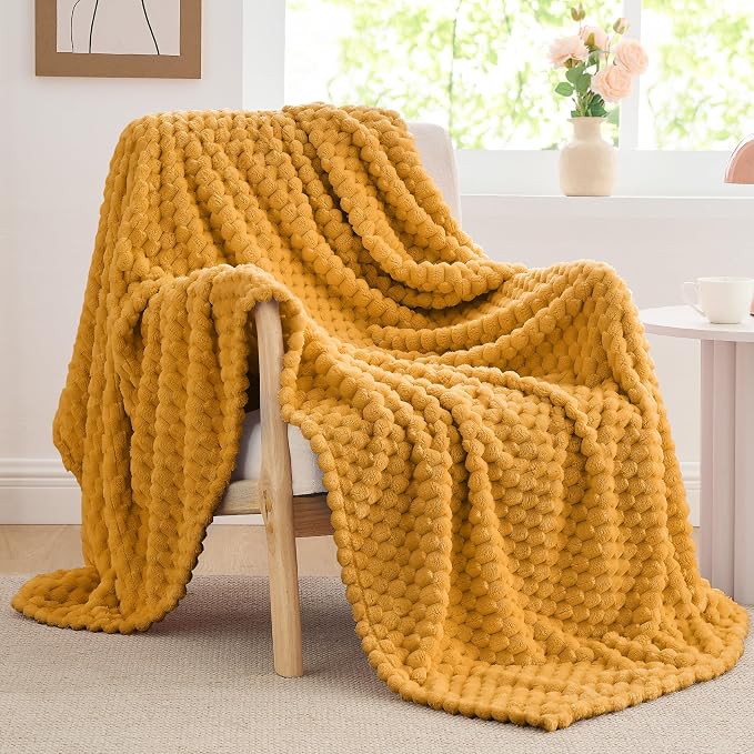 BEDELITE Mustard Yellow Throw Blanket for Couch, Soft Cozy Gifts for Women | 3D Jacquard Decorative Fleece Blanket, Super Soft Plush Throws, Cute Birthday Gift for Women, Suitable for All Seasons, 50*60