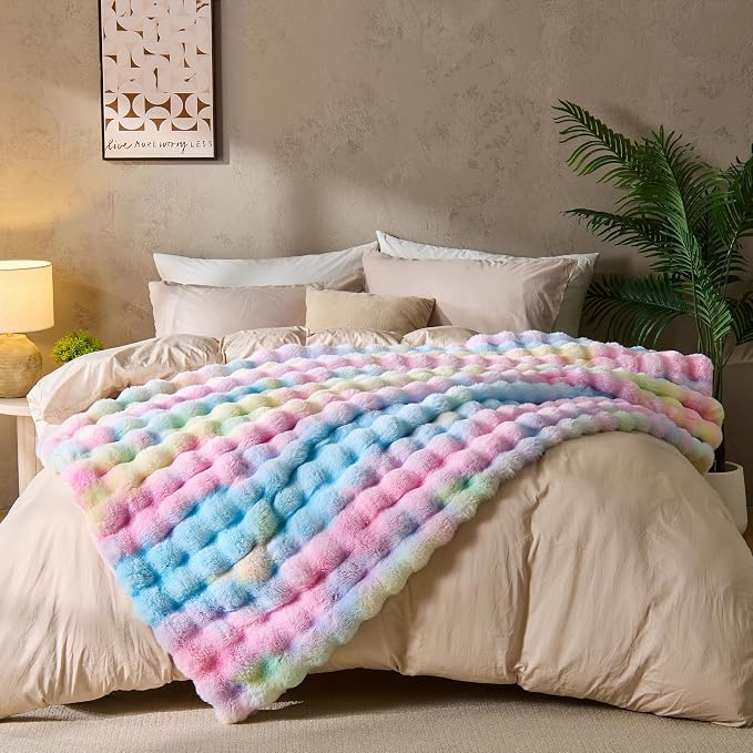 DOWNCOOL Faux Fur Throw Blanket for Couch, Ultra Soft Fluffy Fuzzy Plush Bubble Blanket for Sofa Bedroom Living Room, Cozy Warm Luxury Fleece Minky Blanket, 50x60 Inches Rainbow