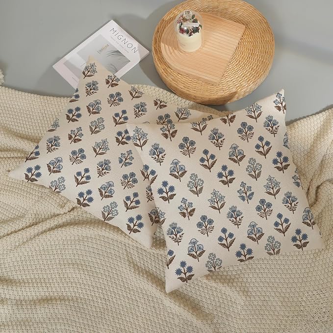Brown Blue Pillow Covers 18x18 Set of 2 Boho Block Print Floral Pillow Cases Vintage Flower Pattern Decorative Throw Pillows Linen Outdoor Decor Farmhouse Cushion Cover for Couch Sofa Bed