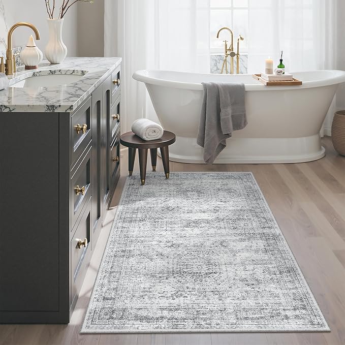 Soalmost 3x4 Rugs Non-Slip, Small Washable Kitchen Entryway Area Rug Grey | Vintage Low Pile Carpet for Nursery Coffee Table Bathroom, Foldable Stain Resistant Indoor Door Mat Entrance Powder Room