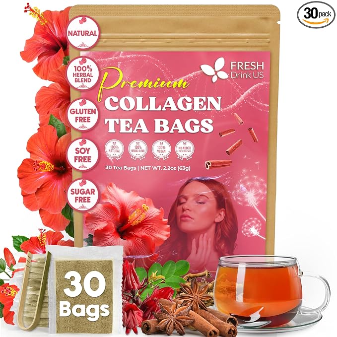 FreshDrinkUS, Premium Collagen Herbal Tea – 30 Tea Bags | Cinnamon Stick, Hibiscus, Dandelion Root, Moringa Leaves, Rose Hip, Ginger, Fennel Seed, Boswellia | Caffeine-Free, Natural Flavorful Blend