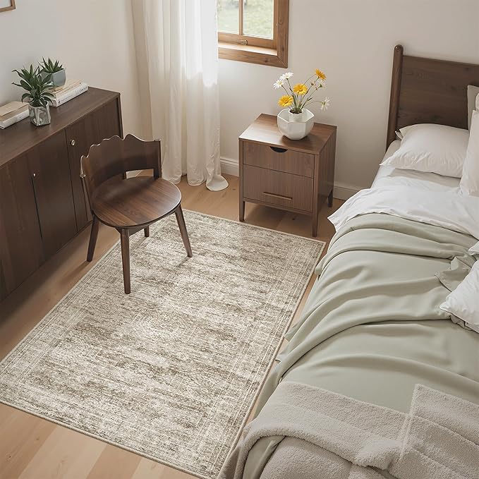 Soalmost 3x4 Rugs Non-Slip, Small Washable Kitchen Entryway Area Rug Brown | Vintage Low Pile Carpet for Nursery Coffee Table Bathroom, Foldable Stain Resistant Indoor Door Mat Entrance Powder Room