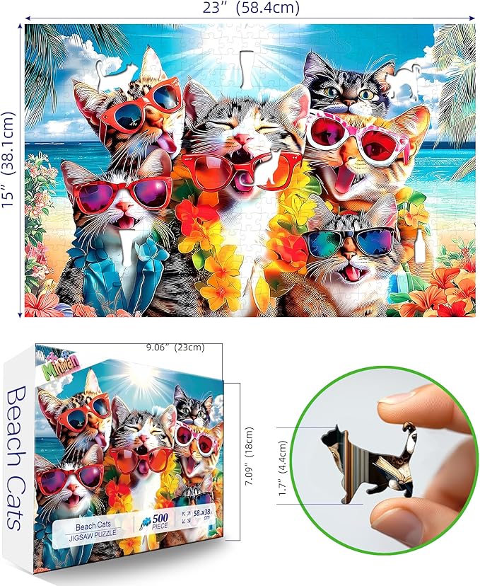Cat 500-Piece Jigsaw Puzzle for Adults - Fun Beach Party Scene with Sunglasses & Leis - Unique Home Decor & Gift Idea - 23x15 Inch