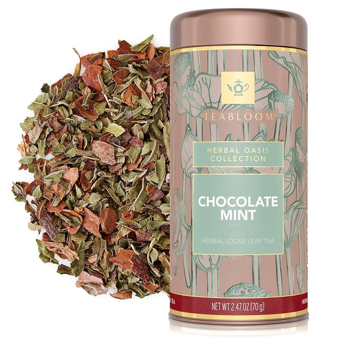 Teabloom Chocolate Mint Loose Leaf Herbal Tea with Cocoa Husk & Peppermint | Dessert-Inspired Caffeine-Free Blend | Canister Makes 35–50 Cups | Gift-Ready Reusable Tin