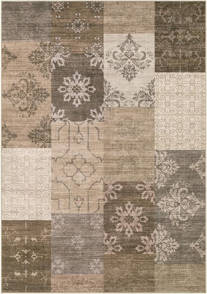 UERMEI 10x12 Area Rug for Living Room, Washable Brown Modern Geometric Patchwork Non Slip Stain Resistant Low Pile Foldable Carpet for Bedroom Dining Farmhouse Home Office