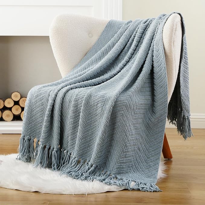 BATTILO HOME Blue Grey Chenille Throw Blanket for Couch, 60"x80" | Knit Throw Blanket, Super Soft Warm Home Decor Blue Throw Blanket with Tassels for Bed,Sofa and Living Room