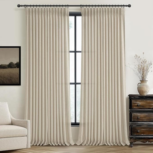 70 Inch Extra Wide Warm Beige Pinch Pleat Large Curtains 120 Inches Long for Dining Room, Memory Trained Light Filtering Linen Semi Sheer Boho Floor to Ceiling Windows Curtain 10FT Length 2 Panels Set