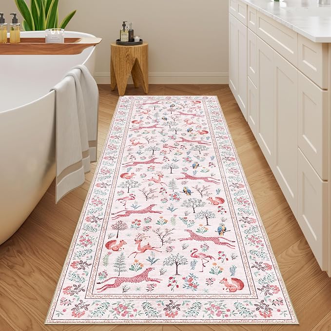 DUKINO 2.6x8 Rug for Hallway, Washable Kitchen Runner Rug Non Slip, Pink | Low Pile, Stain Resistant, Soft Animal Indoor Carpet Runner for Entryway, Bedroom, Bathroom, Laundry, Lightweight, Home Decor