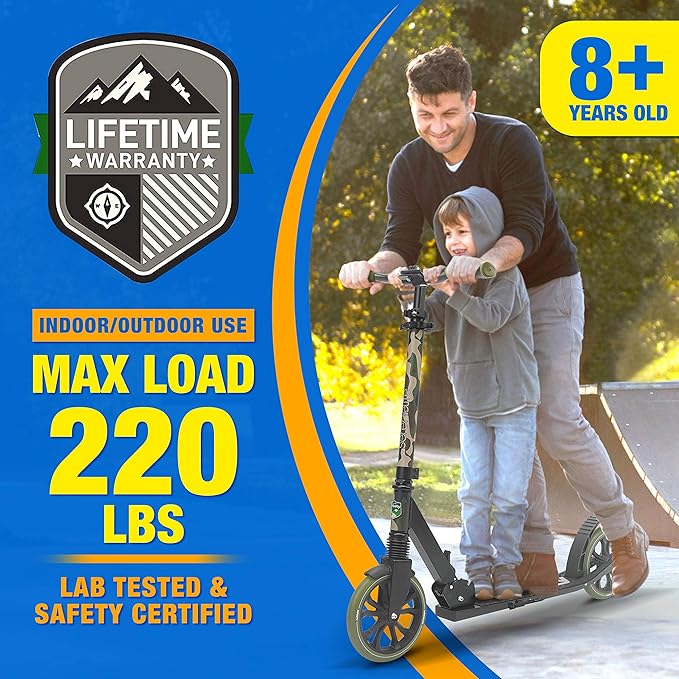 SereneLife Two Wheel Scooter for Teens, Smooth Gliding Kick Scooter for Adults w/Adjustable Height for Ages 8+, Portable All Terrain Scooter w/Carry Straps, Easy to Fold