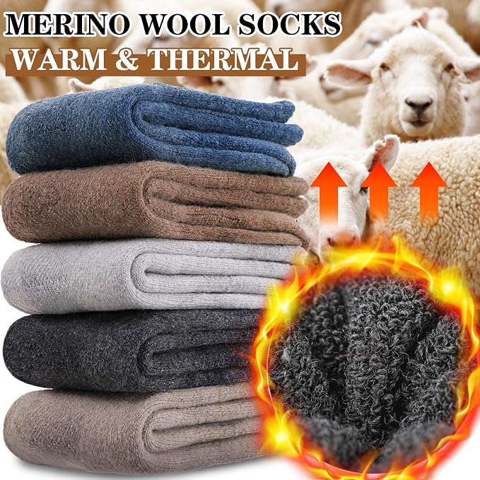MOGGEI 5 Pairs Womens Merino Wool Socks Hiking Warm Winter Thick Thermal Crew Cozy Cabin Ladies Gift Comfy Boot Work Socks