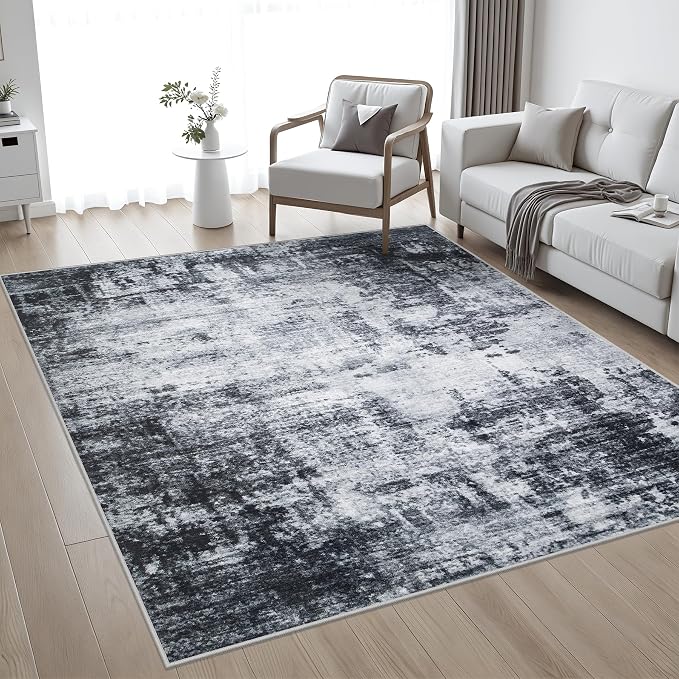 6x6 Area Rug Living Room Rug: Washable Modern Abstract Soft Thin Rug Indoor Floor No Slip Stain Resistant Carpet for Bedroom Dining Room Farmhouse Nursery Home Office - Dark Black