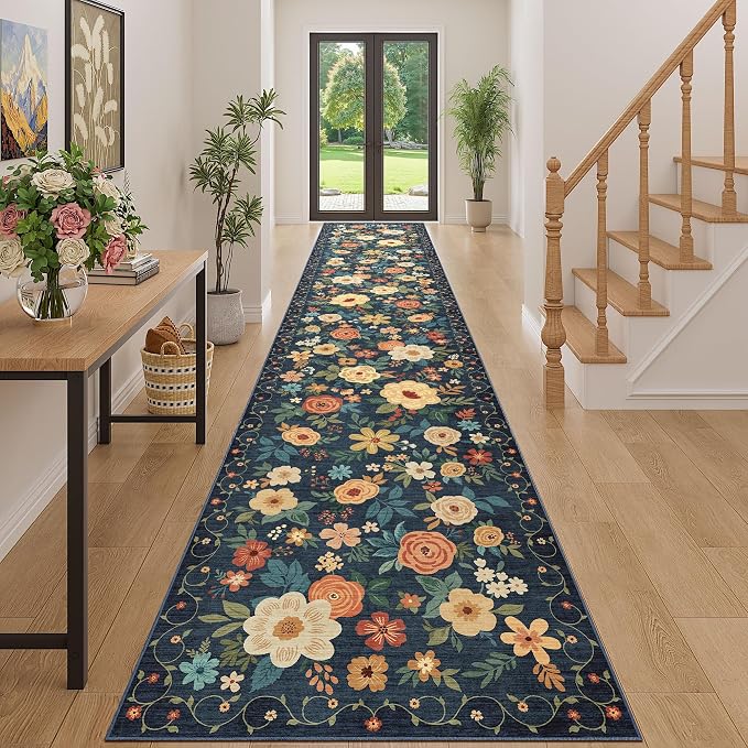 DUKINO 3x16 Runner Rug for Hallway, Non Slip Long Washable Rug, Navy Blue | Non Slip, Low Pile, Soft Floral Indoor Runner Rug for Kitchen, Entryway, Bedroom, Bathroom, Pet Friendly, Modern Home Decor