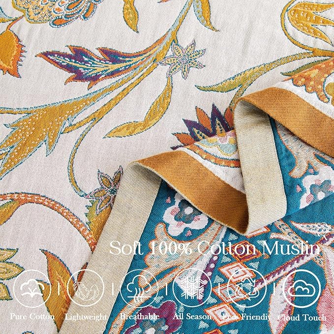 XIBLC Fall Throw Blanket for Couch, Brown Boho Decorative Throw Blanket, 100% Cotton Muslin Breathable Woven Farmhouse Blankets Quilt, 50"x60" Reversible Lightweight Blankets Bohemian Throw Quilt