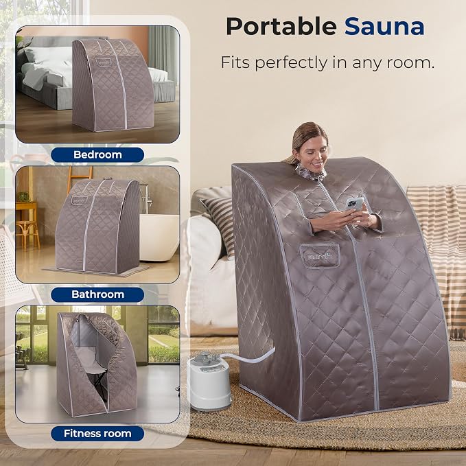 SereneLife Portable Steam Sauna - One Person Full Body Compact Home Sauna Tent with Foldable Chair, 122°F, 60 Min Timer, Ideal for Stress Reduction, Wellness, and Personal Care, Gray