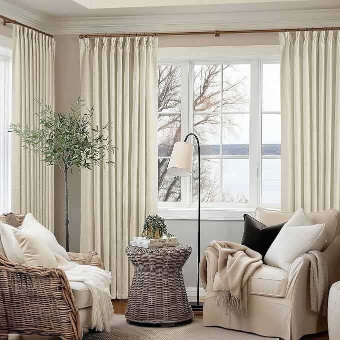 TWODRAPES 60 Inch Width 96 Inches Long Linen Pinch Pleated Curtains 1 Panel | Light Filtering Semi Sheer Privacy, Room Divider, Pinch Pleat Curtains for Sliding Door Dining Bedroom Large Window, W60xL96