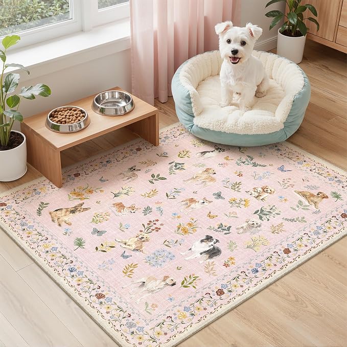 Soalmost 2x3 Dog Rugs for Entryway, Washable Door Mat Animal Soft Rug Pink | Floral Small Cute Area Rug Non-Slip Low Pile Throw Rugs for Entrance Kitchen Indoor Front Door Kids Room 2' x 3'