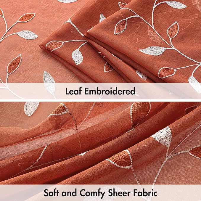 MIULEE Burnt Orange Sheer Curtains 2 Panels Embroidered Leaf Patterned Rod Pocket Floral Semi Faux Linen Short Fall Window Curtains Drapes Set for Kitchen Living Room Bedroom, 52x54 Inches Length