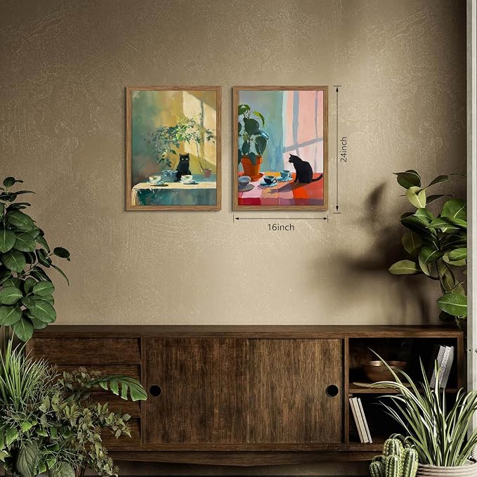 Framed Black Cat Wall Art Set of 2, Vintage Funny Cat Coffee Canvas Wall Decor Paintings, Moody Cute Animal Artwork Prints Picture for Kitchen Dining Room Living Room 16x24 Inch