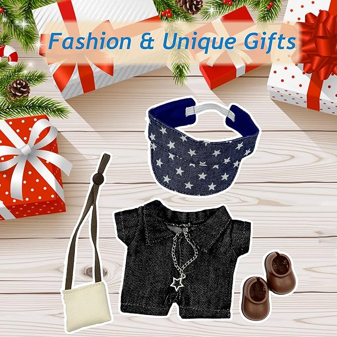 17cm Doll Clothes, Outfits Denim Jeans Set for 17cm Doll, Stylish Adorable 5 Piece Accessories Set with Clothing+Hat+Shoes+Bag+Necklace for Dolls(No Doll)