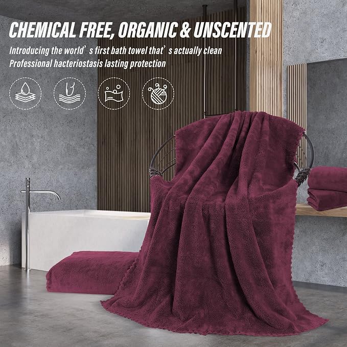 MOONQUEEN 2 Pack Premium Bath Towel Set - Quick Drying - Microfiber Coral Velvet Highly Absorbent Towels - Multipurpose Use as Bath Fitness, Bathroom, Shower, Sports, Yoga Towel (Burgundy)