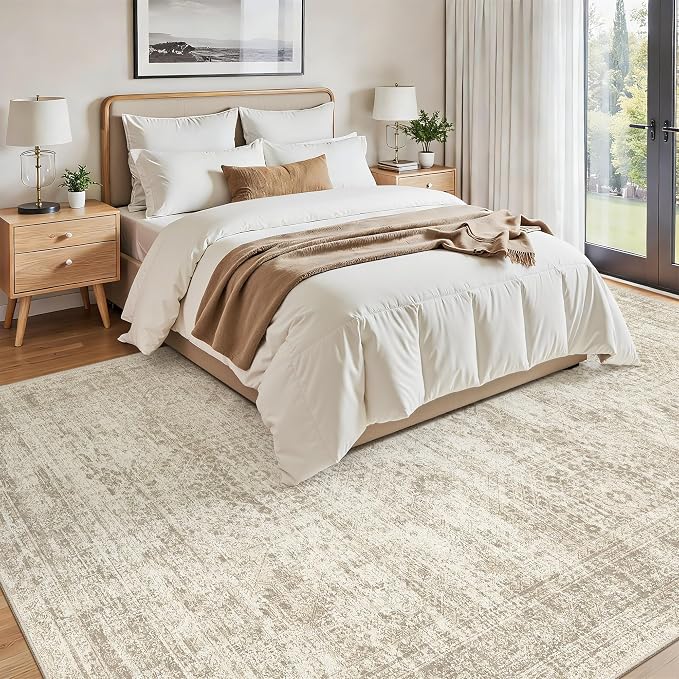 Soalmost 7x10 Area Rug for Living Room Washable Rugs Non-Slip Beige | Low-Pile Vintage Carpet for Dining Bedroom, Foldable Thin Stain Resistant Floor Mat Under Table Home Office Nursery Decor