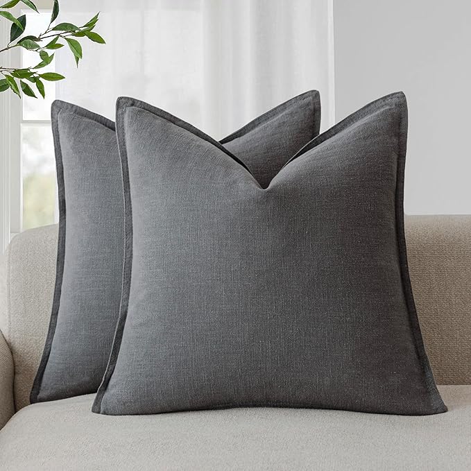 Foindtower Pack of 2, Decorative Linen Solid Throw Pillow Covers Soft Accent Cushion Case Boho Farmhouse Pillowcase for Chair Couch Sofa Bedroom Living Room Home Decor 22 x 22 Inch Grey