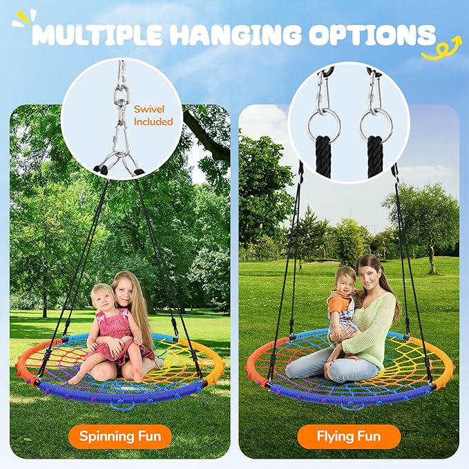 Trekassy 45" 750lbs Spider Web Tree Swing for Kids & Adults, Outdoor Steel Frame Saucer Net Swing with Swivel, Adjustable Ropes + 2 Tree Hanging Straps - Rainbow (Patented)
