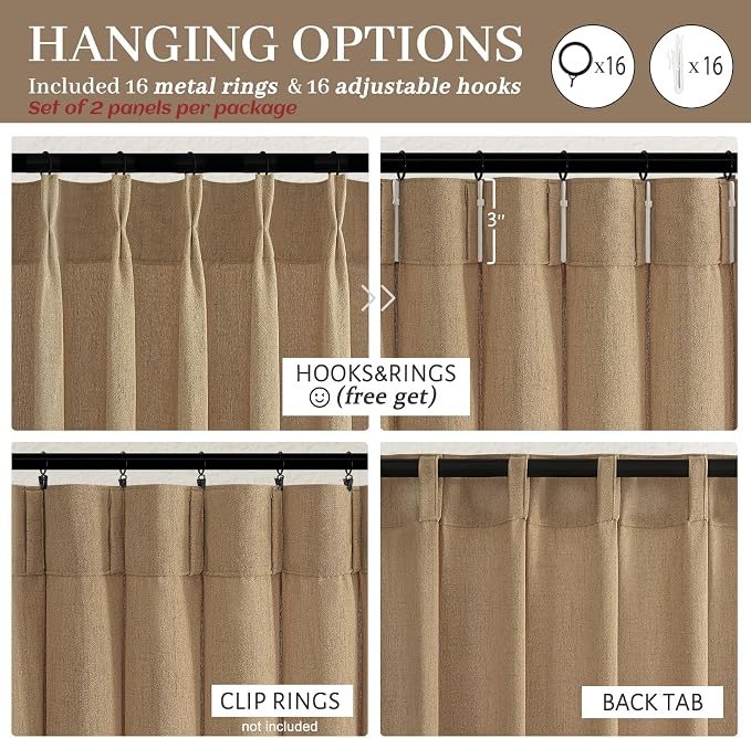 Pinch Pleated Rust Brown Semi Sheer Bedroom Curtains 96 Inches Long 2 Panels Set, Memory Trained Linen Blend Light Filtering Natural Curtain Farmhouse Viral Window Drapes for Dining Room 8FT Length