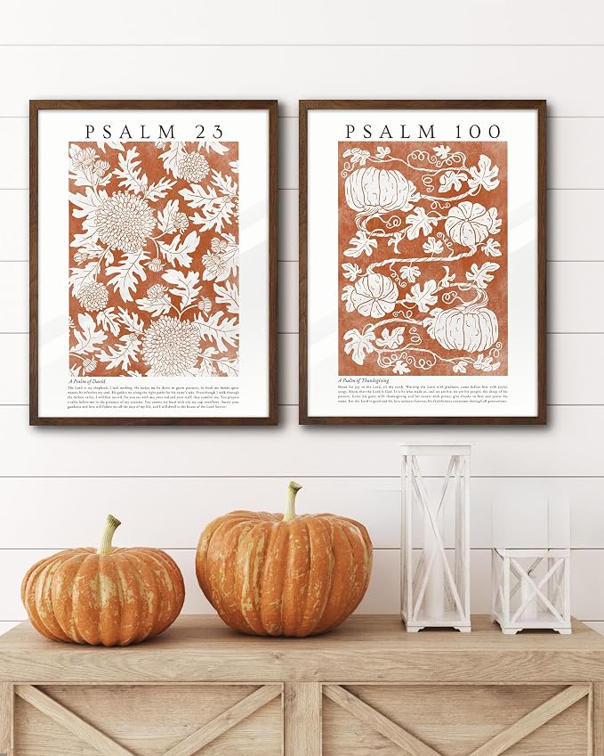 EcoHest 12x16 in Psalm 23 Orange Floral Botanical Framed Christian Wall Art | Walnut Color Solid Oak Frame with Canvas Wall Art, Scripture Bible Verse Decor for Bedroom, Living Room, Office, Church,1Pack