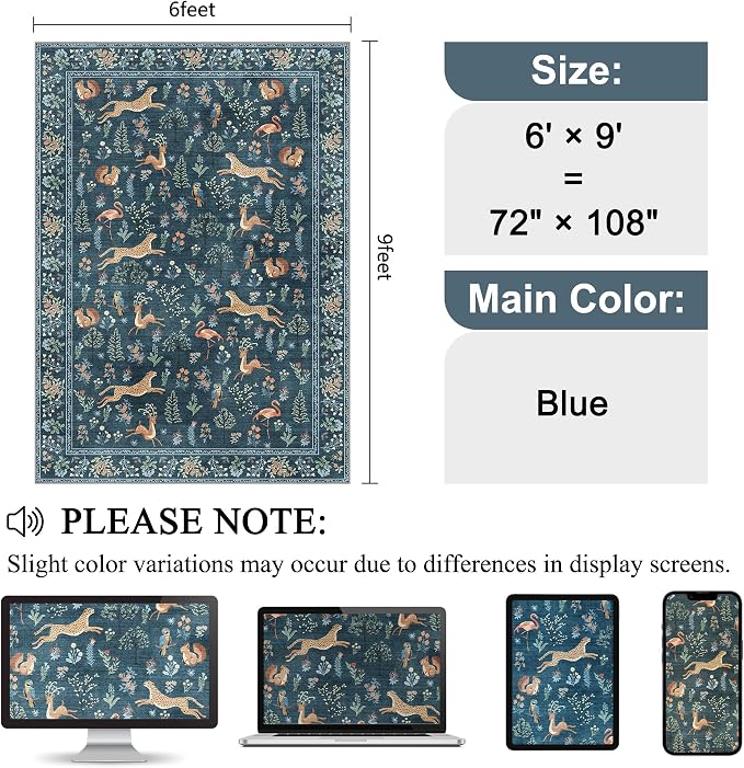 DUKINO 6x9 Area Rug, Washable Animal Living Room Rug Non Slip, Blue | Soft, Low Pile, Non-Shedding Indoor Large Carpet for Bedroom, Dining Room, Kids PlayRoom, Farmhouse, Pet Friendly, Home Decor