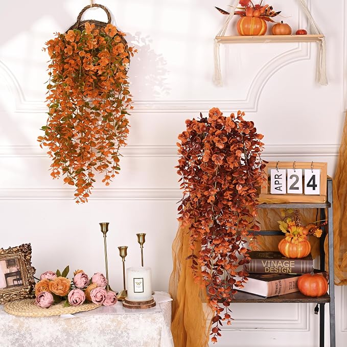 Waipfaru 4Pcs Fake Hanging Plants, Red-Brown Eucalyptus Fake Vines Ivy | UV Resistant Artificial Plants Outdoor Faux Plants Indoor Bedroom Living Room Boho Wall Porch Shelf Decor