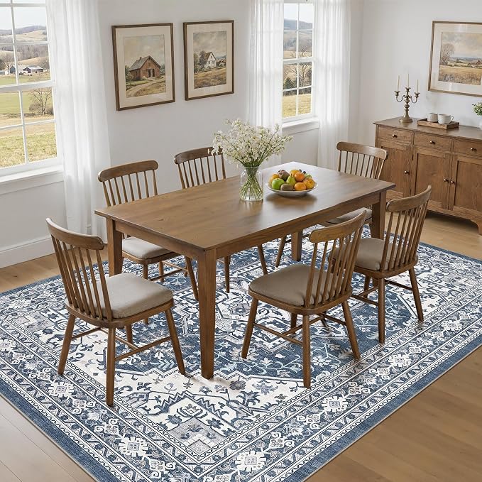 UERMEI 6x9 Area Rug for Living Room - Washable Vintage Carpet, Non-Slip Soft Large Indoor Floor Rugs for Bedroom Home Office & Under Dining Table Decor, Denim Blue/White