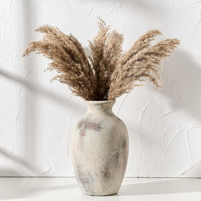 Large Ceramic Rustic Flower Vase, 10.43 Inch Tall Vintage Pottery Home Decor, Antique Farmhouse Terracotta Vase for Living Room, Table, Shelf, Mantel Decoration, Farmhouse - Natural Brown