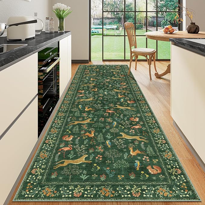 DUKINO 3x10 Washable Runner Rug, Non Slip Animal Rug for Hallway, Green | Low Pile, Stain Resistant, Soft Thin Indoor Rug Runner for Kitchen, Entryway, Bedroom, Bathroom, Pet Friendly, Non-Shedding