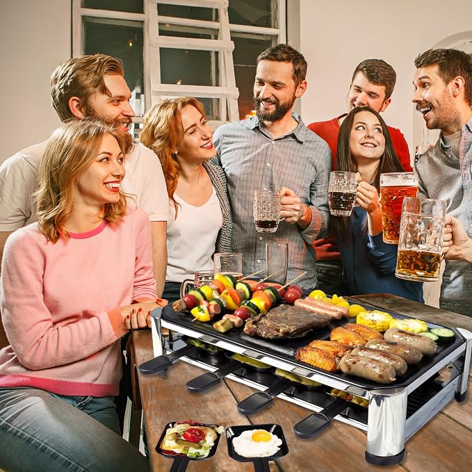 TAMARIT 8-Person Raclette Grill, Electric Table Grill for family gathering | Nonstick Grill plate and extra plate for crepe or pan cake,1500W