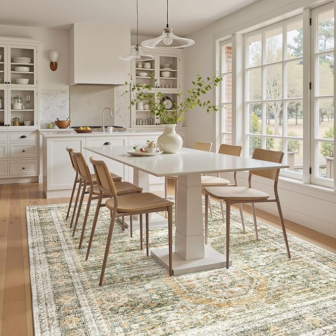 Soalmost 6x9 Area Rug for Living Room Washable Rugs Non-Slip Green/Orange | Low-Pile Vintage Carpet for Dining Bedroom, Foldable Thin Stain Resistant Floor Mat Under Table Home Office Nursery Decor