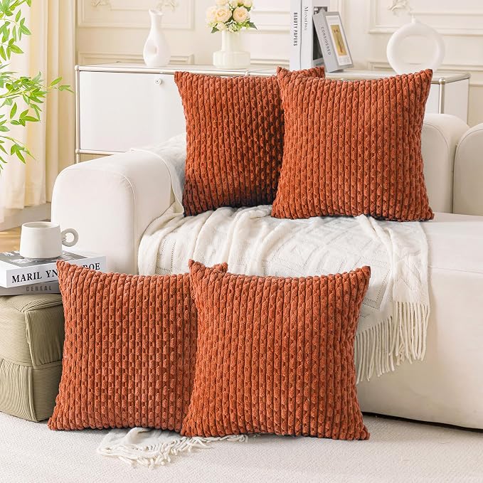 Set of 4 Burnt Orange Decorative Throw Pillow Covers 18x18 Inch Corduroy Pillow Covers for Bed Couch Sofa Living Room Soft Square Cushion Cases