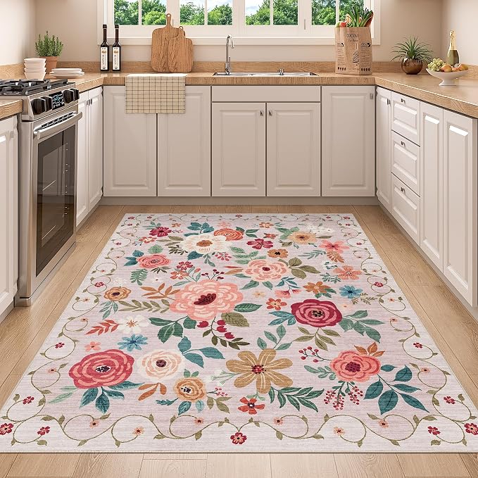 DUKINO 4x5 Area Rug for Entryway, Soft Floral Washable Rug Non Slip, Beige | Low Pile, Non-Shedding Indoor Carpet for Bedroom, Kitchen, Living Room, Nursery, Pet Friendly, Stain Resistant, Home Decor
